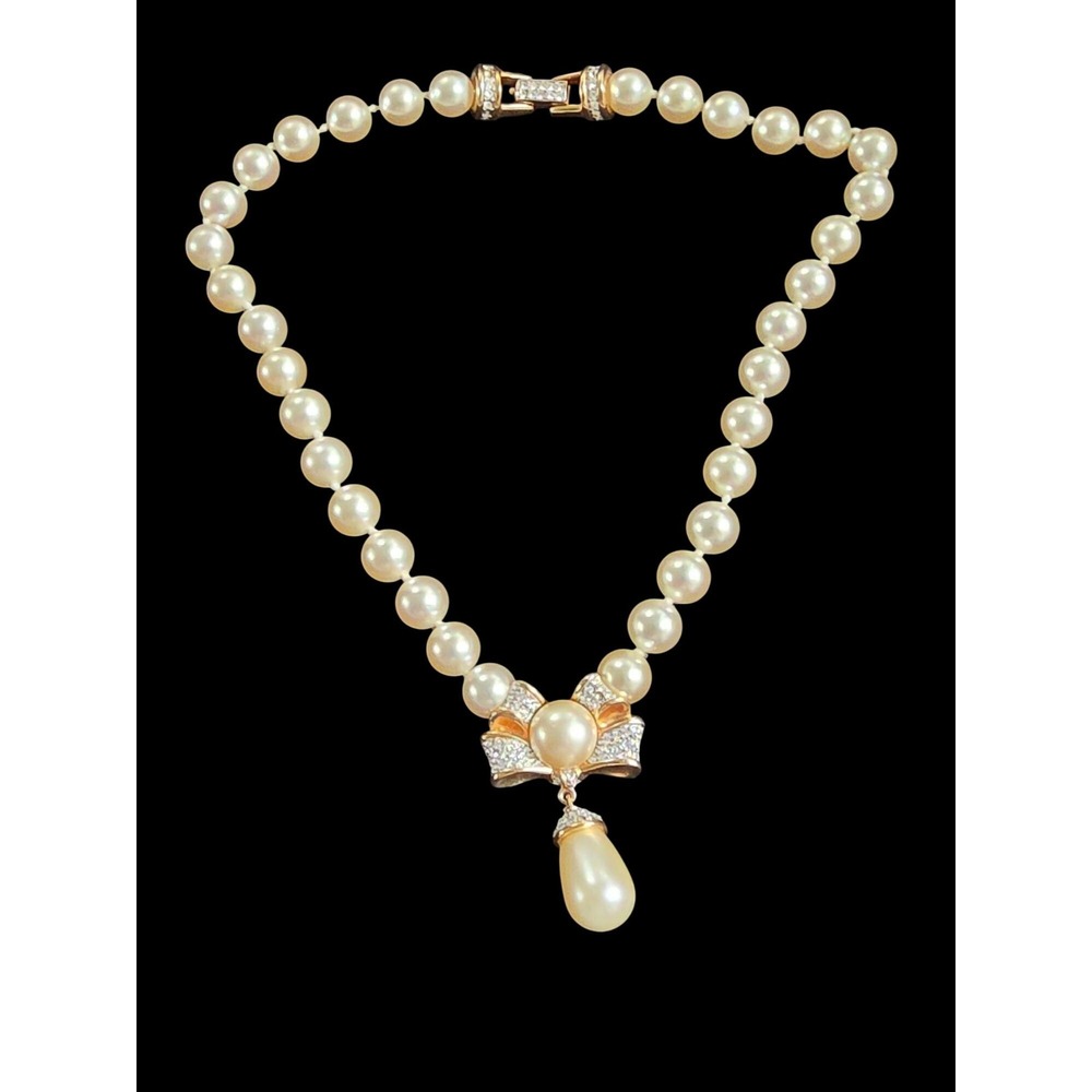Swarovski Pave Bow Pearl Necklace Swan Signed Vintage Crystal Gold Tone 17"